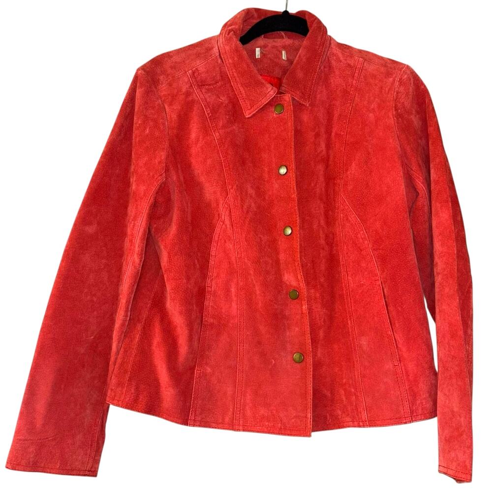 Red Suede Pig Leather Jacket Women’s M Classic Colorful Biker Fitted Coat Winter